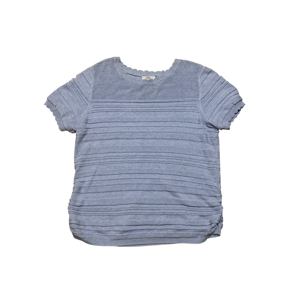 Croft & Barrow Light Blue Knit Top Scalloped Short Sleeve Pointelle Petite Large